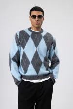 Baklava Desenli Oversize Kazak Bebe Mavi