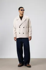 Oversize Kruvaze Kısa Kaşe Ceket Açık Bej