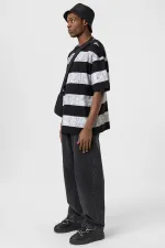 Yıkamalı Şeritli Oversize Tişört Siyah - Beyaz