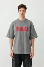 Yıkamalı Baskılı Oversize Tişört Füme