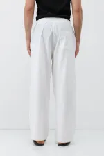 Bel Lastikli Baggy Fit Keten Pantolon Beyaz