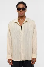 Oversize Çizgili Uzun Kollu Gömlek Bej