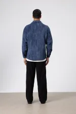 Oversize Dokulu Gömlek Lacivert