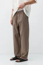 Bel Lastikli Baggy Fit Keten Pantolon Açık Kahve