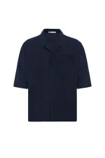 Double Pocket Oversize Linen Shirt Navy Blue