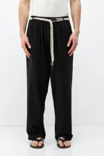 Kemer Detaylı Oversize Keten Pantolon Siyah