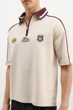 Fermuarlı Yaka Baskılı Oversize Tişört Taş