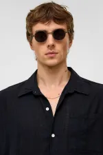 Oversize Çizgili Uzun Kollu Keten Gömlek Siyah