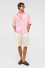 Oversize Kısa Kollu Müslin Kumaş Gömlek Pembe