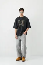 Yıkamalı Baskılı Oversize Tişört Siyah