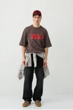 Yıkamalı Baskılı Oversize Tişört Kahve