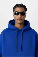 Basıc Oversize Kapüşonlu Cep Detaylı Sweatshirt Saks