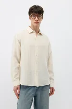 Dokulu Pamuklu Oversize Gömlek Naturel