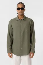 Cep Detaylı Oversize Uzun Kol Gömlek Haki