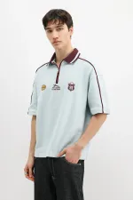 Fermuarlı Yaka Baskılı Oversize Tişört Bebe Mavi