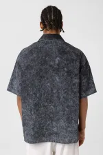 Yıkamalı Yazı Baskılı Oversize Kısa Kol Gömlek Siyah