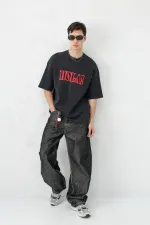 Yıkamalı Baskılı Oversize Tişört Siyah