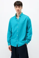 Basic Oversize Pamuk  Keten Gömlek Turkuaz