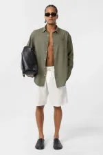 Cep Detaylı Oversize Uzun Kol Gömlek Haki