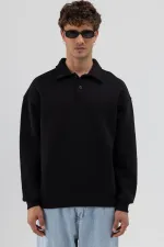 Basic Polo Yaka Sweatshirt Siyah