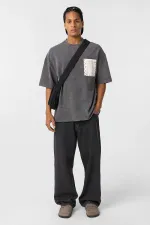 Yıkamalı Cep Detaylı Oversize Tişört Füme