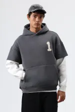 Oversize Kol Detaylı Kapüşonlu Sweatshirt Füme