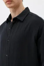 Dokulu Pamuklu Oversize Gömlek Siyah