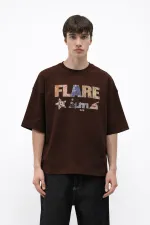 Baskılı Oversize Tişört Kahve