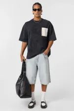 Yıkamalı Cep Detaylı Oversize Tişört Siyah