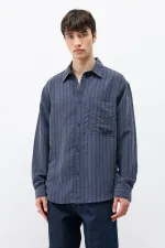 Modal Kumaş Çizgili Oversize Gömlek Lacivert