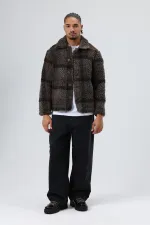 Oversize Peluş Ekose Ceket Kahve