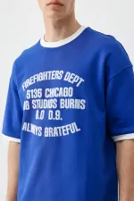 Baskılı Bisiklet Yaka Oversize Tişört Saks