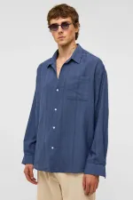 Oversize Çizgili Uzun Kollu Keten Gömlek Lacivert