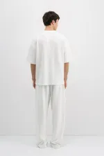 Fitilli Dokulu Oversize Tişört Ekru