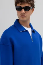 Oversize Fermuarlı Dik Yaka Sweatshirt Saks