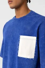 Yıkamalı Cep Detaylı Oversize Tişört Saks