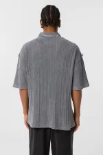 Yıkamalı Oversize Polo Yaka Tişört Gri