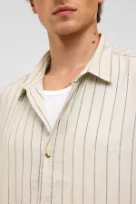 Oversize Çizgili Kısa Kollu Keten Gömlek İndigo