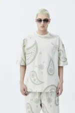 Oversize Desenli Şort Tişört Takım Bej