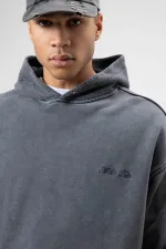 Oversize Washed Print Hooded Sweatshirt Black