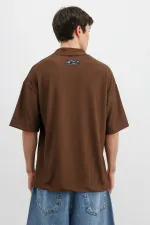 Baskılı Fitilli Oversize Tişört Kahve