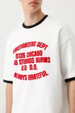 Baskılı Bisiklet Yaka Oversize Tişört Ekru