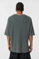 Yıkamalı Oversize Baskılı Triko Tişört Yeşil