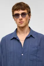 Oversize Çizgili Uzun Kollu Keten Gömlek Lacivert