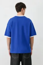 Baskılı Bisiklet Yaka Oversize Tişört Saks