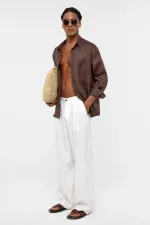 100% Linen Oversize Long-Sleeve Shirt, Coffee
