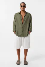 Basic Oversize Uzun Kollu Keten Gömlek Haki