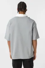 Polo Yaka Oversize Baskılı Tişört Gri