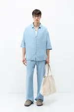 Müslin Kumaş Rahat Kalıp Keten Takım Bebe Mavi