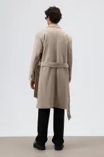 Oversize Kruvaze Kaşe Kaban Bej